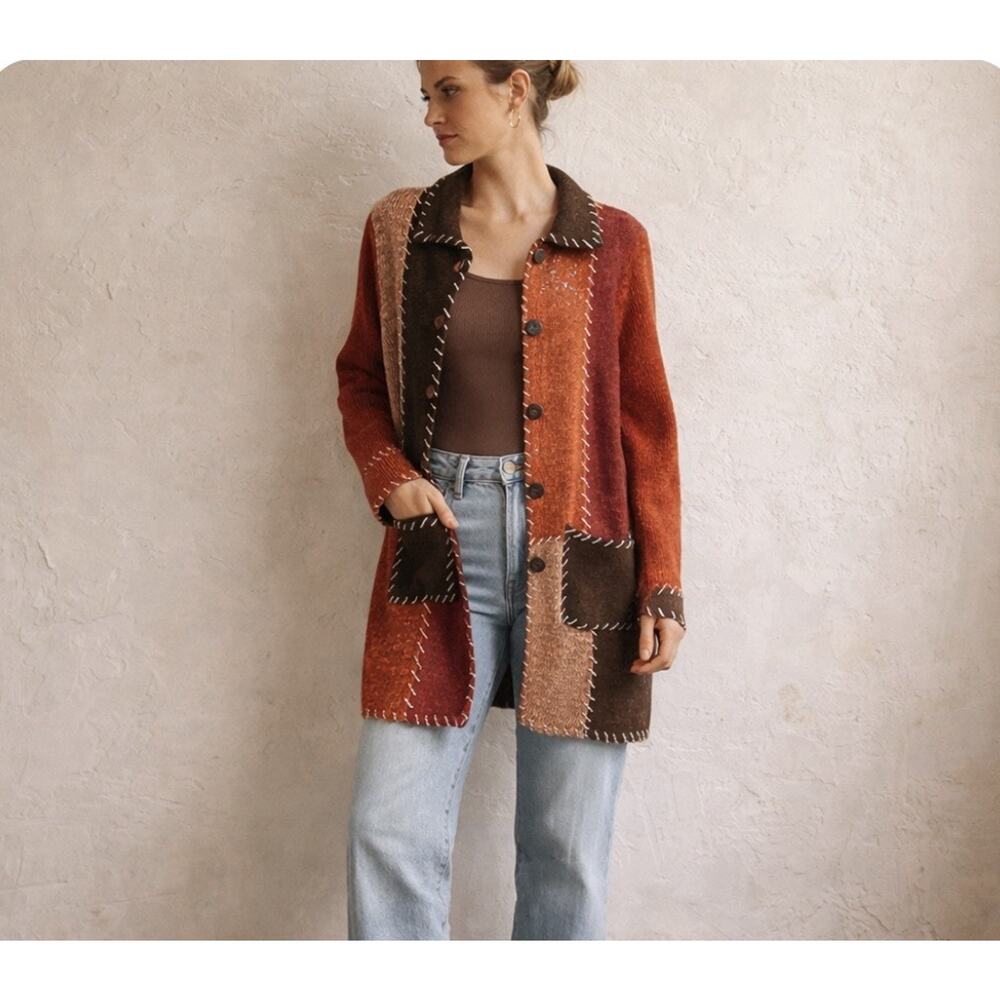 Vtg Cervelle Earthy Patchwork Whipstitch Details Pkts Ovrszd Btns LS Collar READ